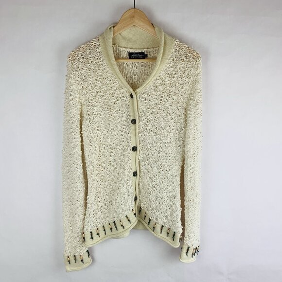Icelandic Design Open Knit Cardigan Sweater Large Ivory Cream Beaded Cotton - Picture 1 of 12
